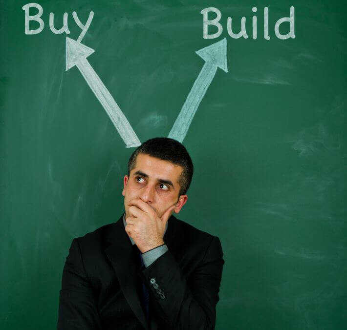 The Buy vs. Build Analysis 1 Man contemplating the buy versus build software decision.
