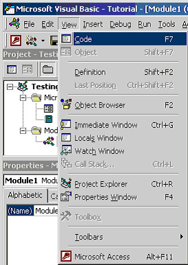 Code Window in VB 3 Microsoft Access VBA Code window displaying Module1 code and menu options.