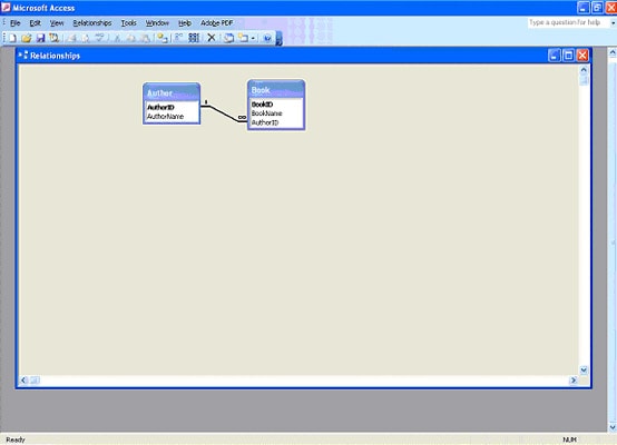 Setting up MS Access Table Relationships 3 Microsoft Access Relationships diagram showing Author and Book tables linked by AuthorID field