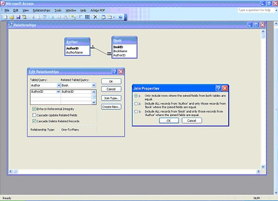 Setting up MS Access Table Relationships 4 Microsoft Access diagram of Author and Book tables linked by AuthorID field, illustrating parent-child relationship.
