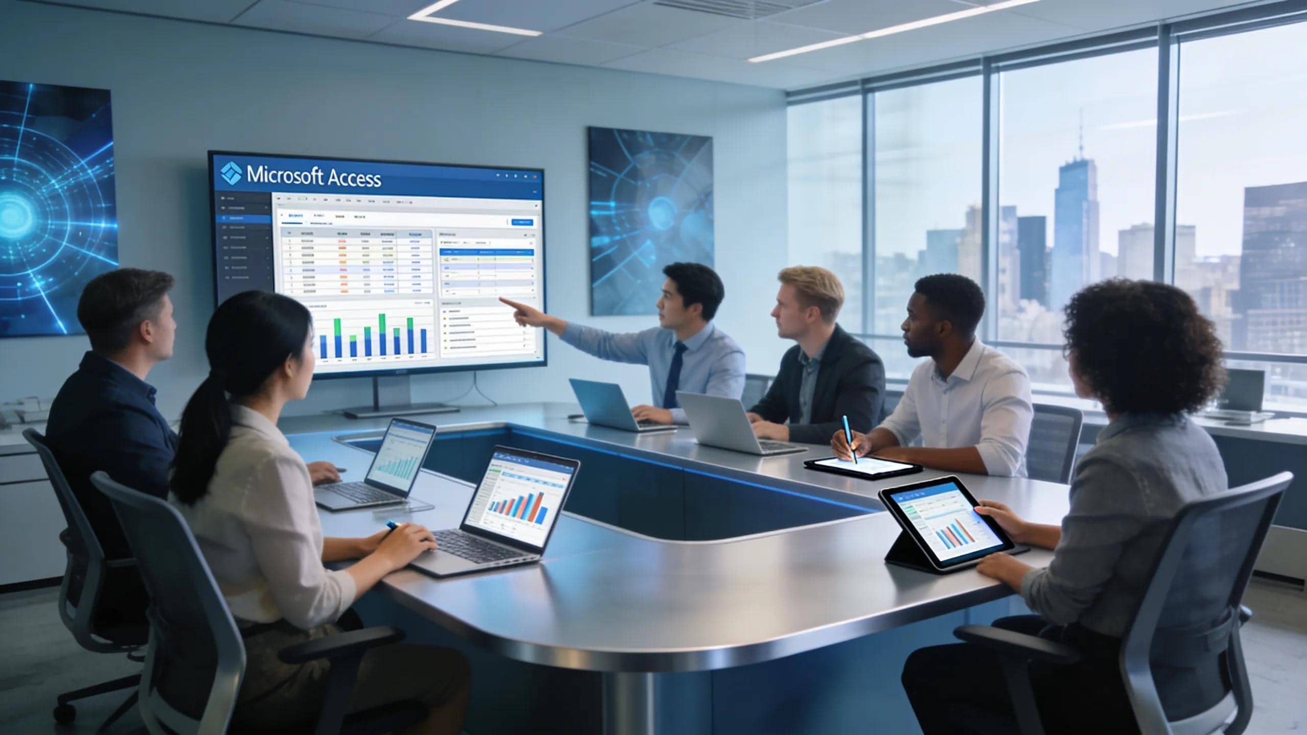 Microsoft Access database management tool displayed in a modern office meeting room and data analysis.