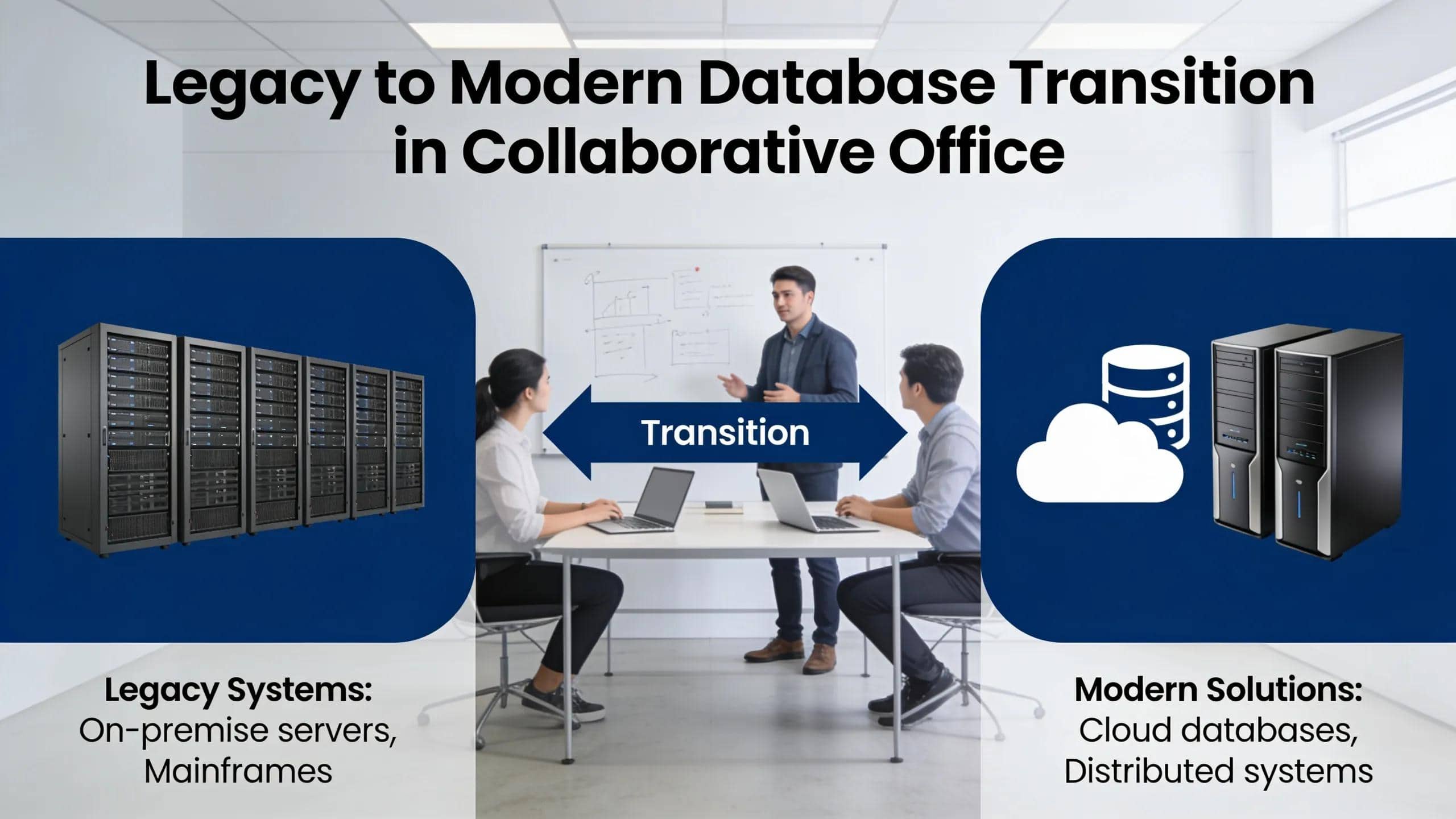 Legacy to modern database transition illustrating on-premise servers and cloud databases.