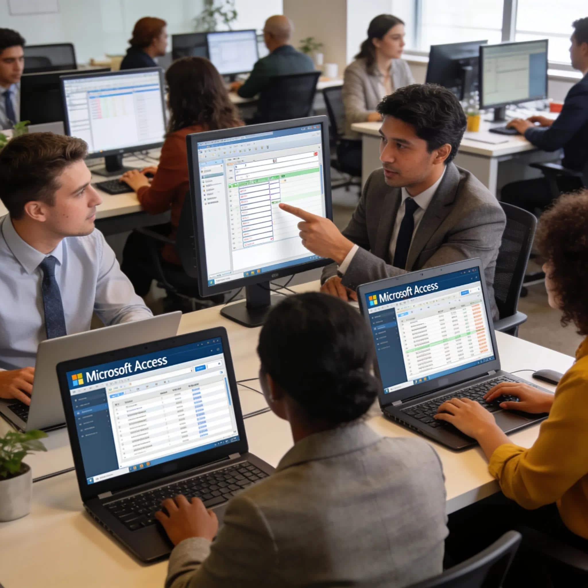 Microsoft Access database management and support team collaborating in office environment.