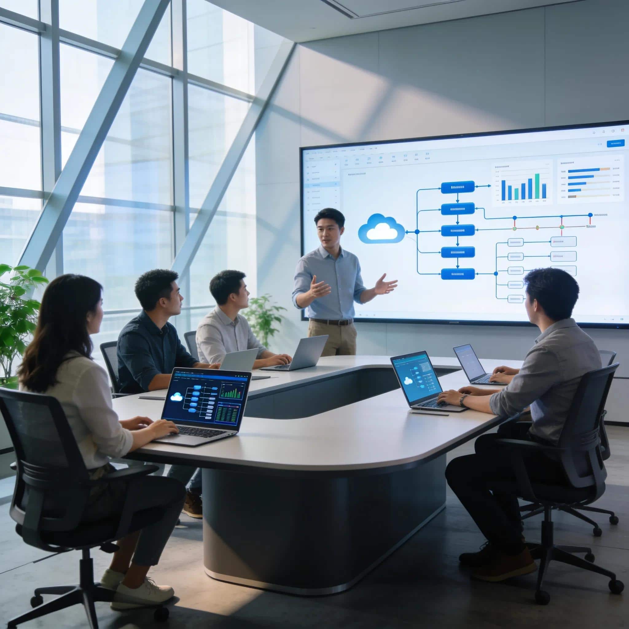 Business team discussing Microsoft Access modernization framework and AWS migration architecture.