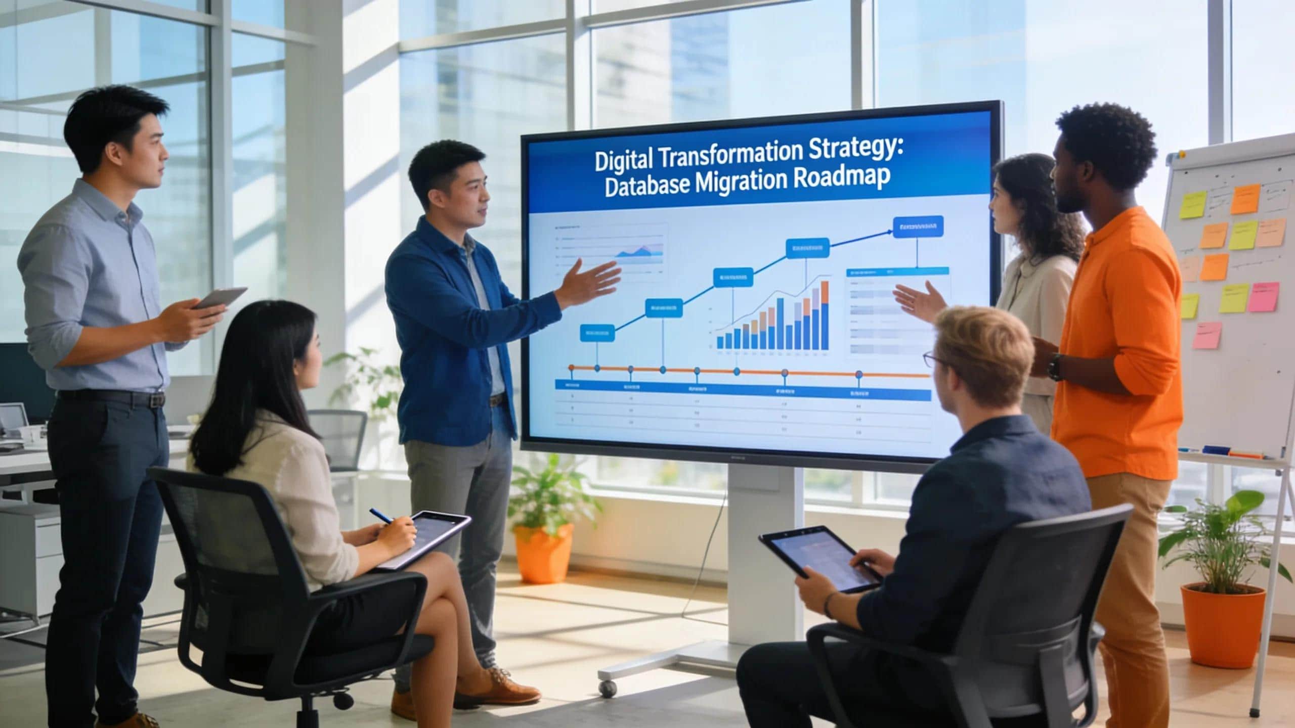 Team discussing database migration roadmap and digital transformation strategy.
