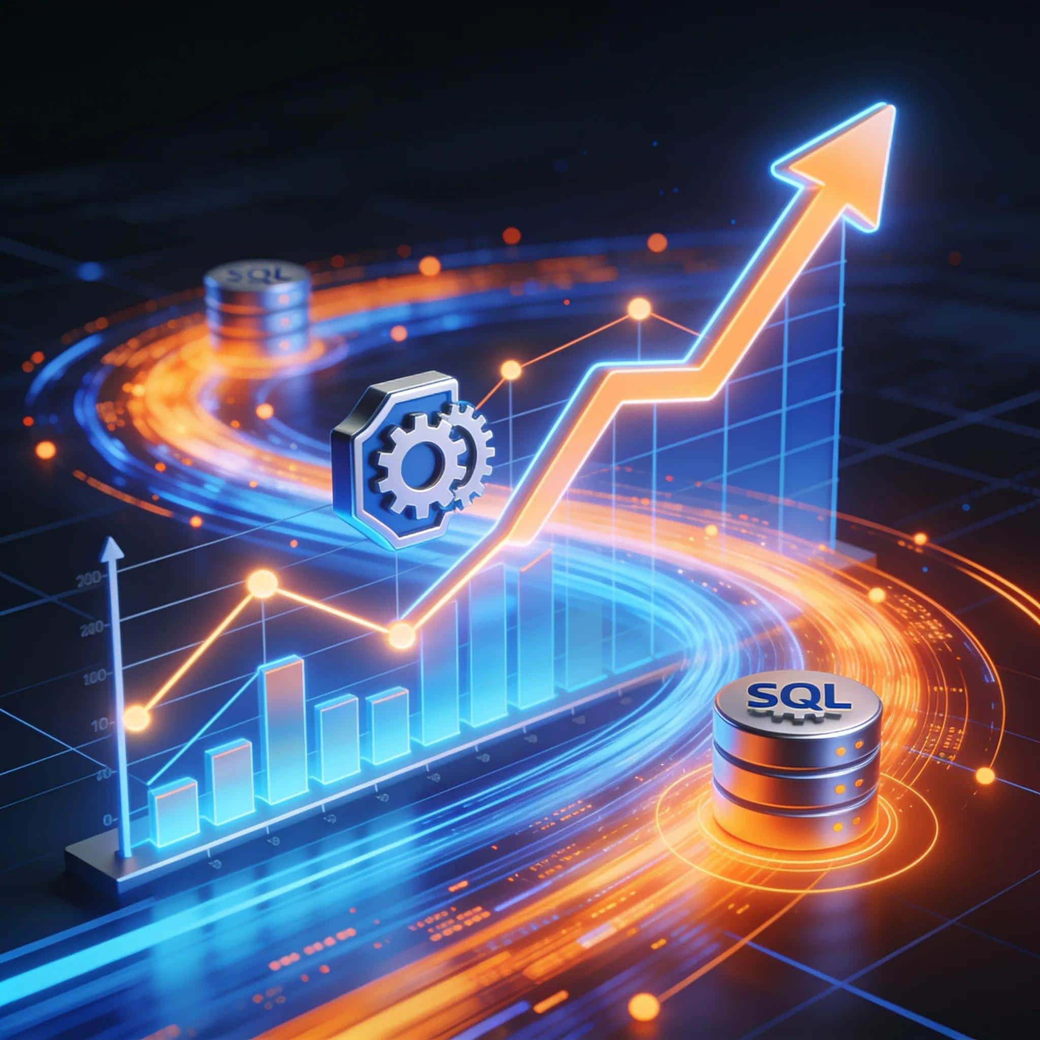 Migrate Microsoft Access To SQL Server Safely 3 SQL Server database optimization and performance tuning with upward trending graph and gear icons.