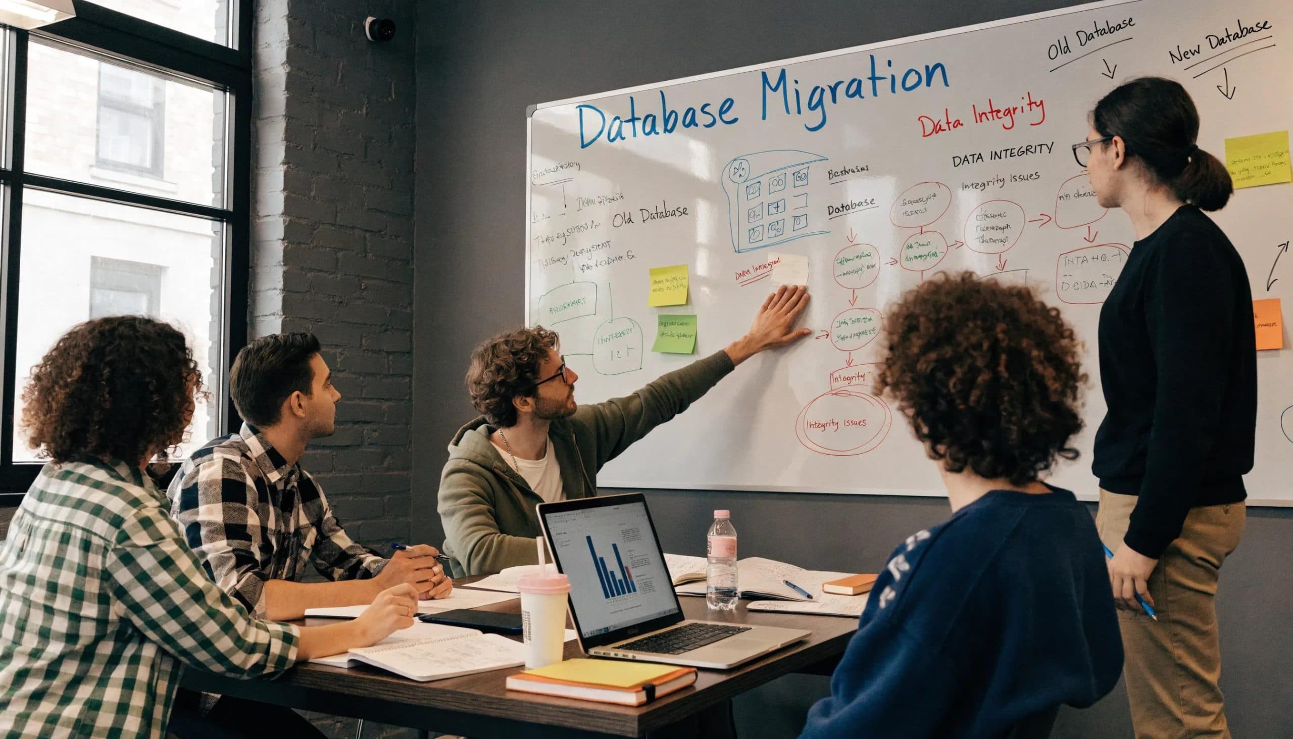 How AI is Revolutionizing Enterprise Database Migration 2 Team discussing database migration strategy and data integrity on whiteboard.