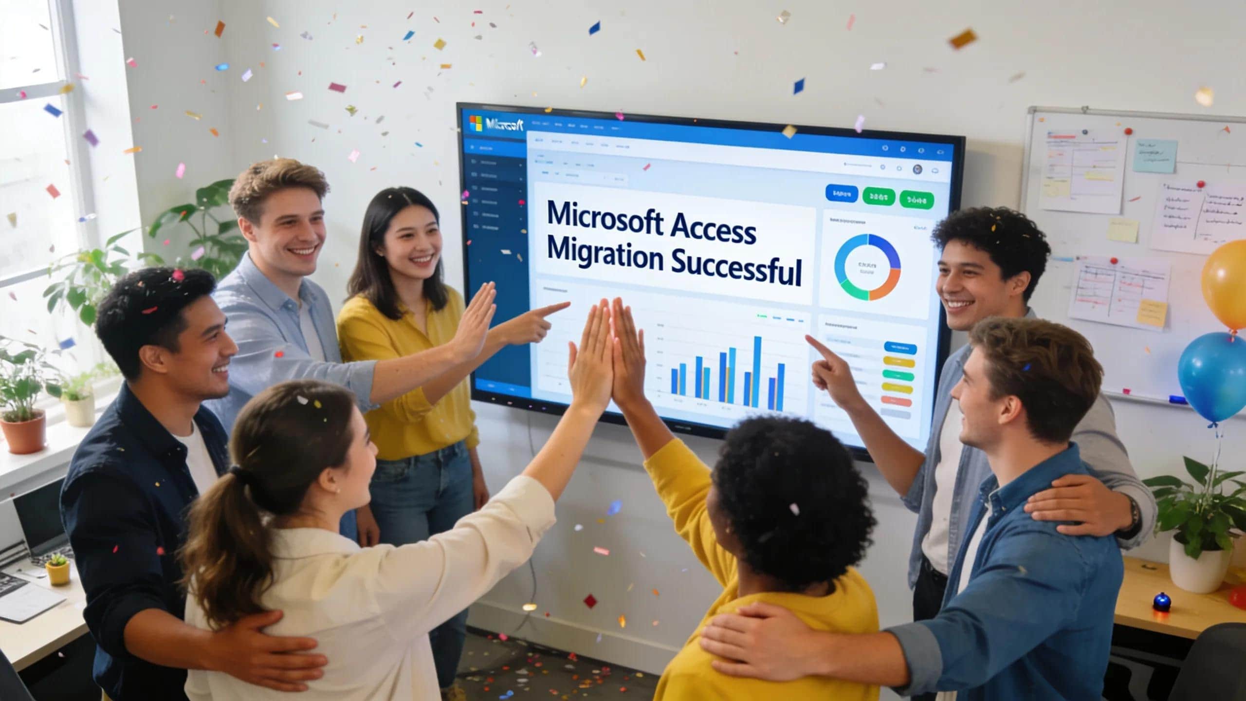 The Complete Guide to Microsoft Access Migration for Modern Platforms (2026) 3 Celebration of a successful Microsoft Access migration project with a team in an office setting