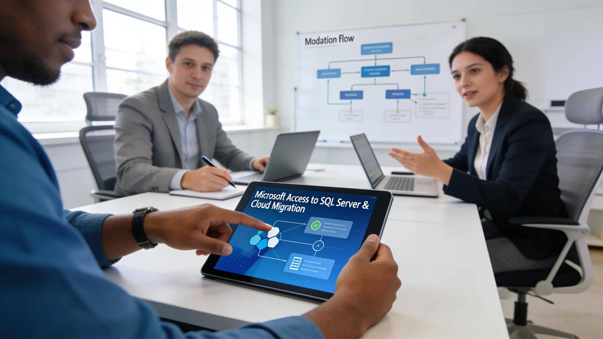 The Complete Guide to Microsoft Access Migration for Modern Platforms (2026) 2 Professionals discussing Microsoft Access migration strategies, focusing on SQL Server and cloud integration